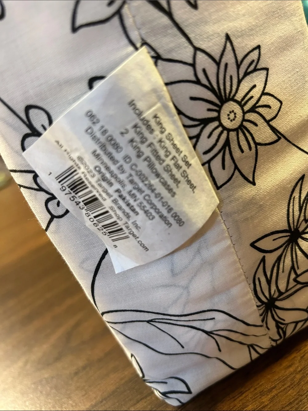 Target White King Sheet Set with Black Floral Outline